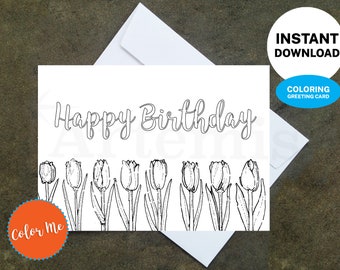 Geburtstagskarte Tulpe zum ausdrucken - DIY Malvorlage (Instant Download)