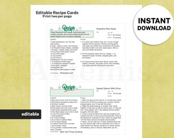 Recipe Card Salads Template, EDITABLE Recipe Book and Binder Template, 8.5x11 Printable, Digital Cookbook, Mid-Century Retro