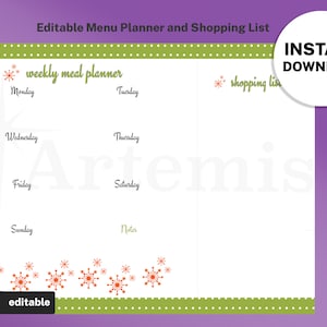 Modello di lista della spesa per pianificatore di pasti settimanali con ricette natalizie, pianificatore alimentare digitale, menu MODIFICABILE e lista della spesa, stampabile 8,5x11, festività