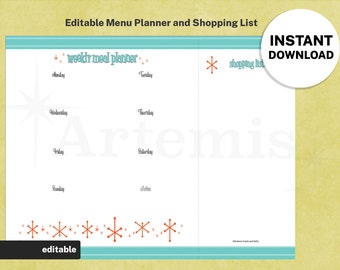 Weekly Meal Planner Shopping List Template, Digital Food Planner, EDITABLE Menu and Grocery List, 8.5x11 Printable, Mid-Century Retro