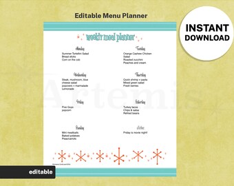 Weekly Meal Planner Template, Digital Food Planner Kit, EDITABLE Menu List, 8.5x11 Printable, Mid-Century Retro