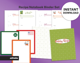 Complete Set of Holiday Binder Templates Bundle, EDITABLE Recipe Book, Cards, Sheets, Dividers, 8.5x11 Printable Holidays