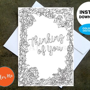 Printable Coloring Thinking of You Card - Make Your Own Cards at Home, Instant Download, DIY Card, Floral Border Design
