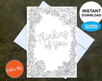 Printable "Thinking of You" Coloring Card – Floral DIY Card (Digital Download)