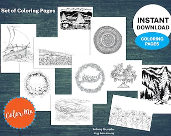 Hand-Drawn Nature Coloring Pages – Set of 10 Printable Designs (Instant Download)