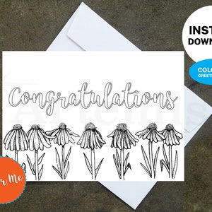 Stampabile da colorare Congratulazioni Carta Susan dagli occhi neri - Crea le tue carte a casa, Download istantaneo, Carta fai da te, Design floreale