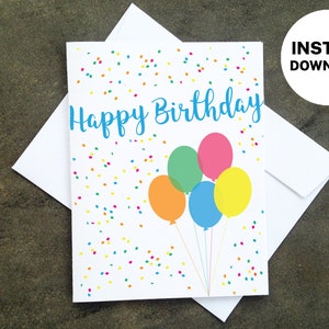 Ballon imprimable et carte d'anniversaire de confettis Créez vos propres cartes à la maison, Téléchargement instantané, Carte de bricolage, Conception de confettis image 1