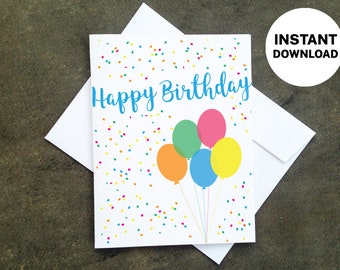 Printable Balloon and Confetti Birthday Card - Make Your Own Cards at Home, Instant Download, DIY Card, Confetti Design