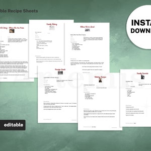 Complete Set of Family Recipe Sheet Templates, EDITABLE Recipe Book and Binder Template, 8.5x11 Printable