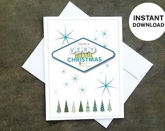May include: A white Christmas card with a retro design. The card features a teal and white color scheme with the text "Have a Very Merry Christmas & Happy New Year." Includes a circle that says "INSTANT DOWNLOAD".