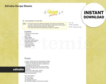 Recipe Sheet Appetizer Template, EDITABLE Recipe Book and Binder Template, 8.5x11 Printable, Digital Cookbook, Mid-Century Retro