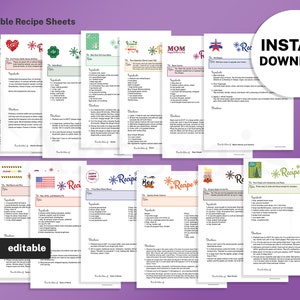 Complete Set of Holiday Recipe Sheet Templates, EDITABLE Recipe Book and Binder Template, 8.5x11 Printable