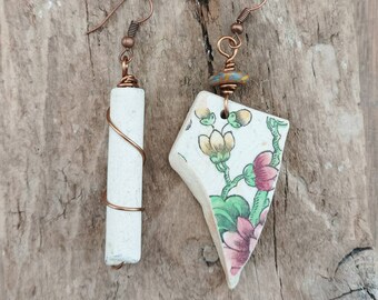 Handmade Mudlarks earrings featuring pink and yellow sea pottery and clay pipe stem combined with copper.