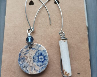 Handmade Mudlark found pottery and clay pipe earrings combined with blue bead and stainless steel wire