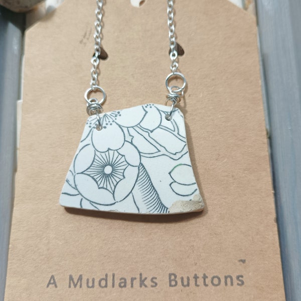 Handmade upcycled vintage Mudlark found pottery pendant necklace combined with silver plated chain.