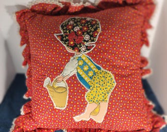 vintage throw pillow,cute sun bonnet baby ,red and yellow