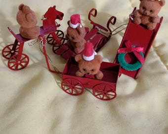vintage flocked teddy bears on red metal toys AVON