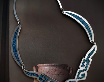 Magnifique Collier Mexicain Argent Massif Turquoise Et Malachite – Modèle TF-49, Longueur 15,5 Cm