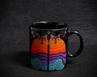 Vintage Laurel Burch Rainbow Cats Love Hearts Ceramic Coffee Mug Made in Japan