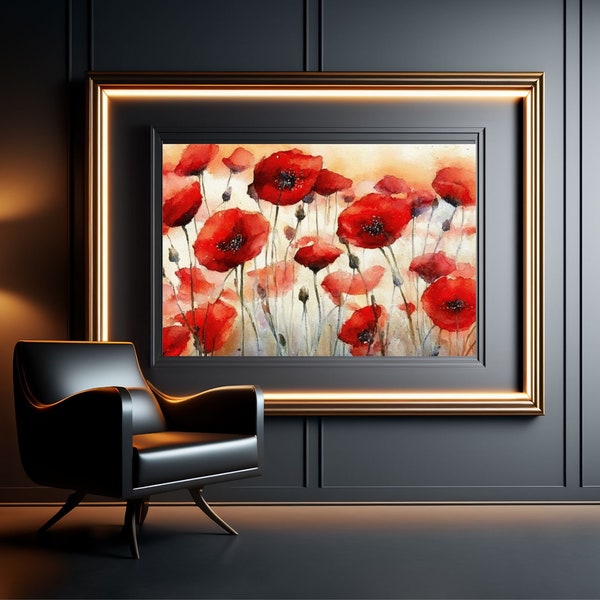 Watercolor Art Work, Red Poppies Wall Art, Wild Flowers, Botanical Wall Art, Meadow Flowers, DIGITAL Print, Home Decor, Instant Printable