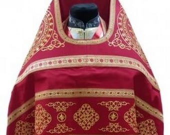 Priest red vestment embroidered on gabardine, Circle embroidery with sewn on galloon | Orthodox red with gold vestments for a priest |