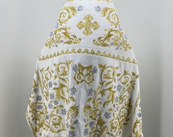 Priest vestment completely embroidered Italian velvet Circle embroidery with sewn galloon | Orthodox white - silver - gold vestment priest |