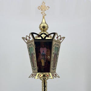 Easter lantern for religious procession with candlestick | Brass lantern 70x25 cm | Easter lantern in an Orthodox church | Church utensils |