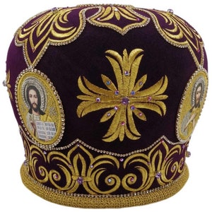 Mitra viola-oro del sacerdote Betlemme / Mitra di velluto di alta qualità / Mitra ricamata decorata / Mitra viola del sacerdote / Vifleemskaya /