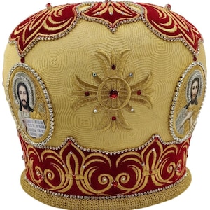 Mitra del sacerdote Betlemme giallo-rosso / Mitra in broccato di alta qualità / Mitra del sacerdote ricamata decorata / Sacerdote giallo-rosso / Vifleemskaya /