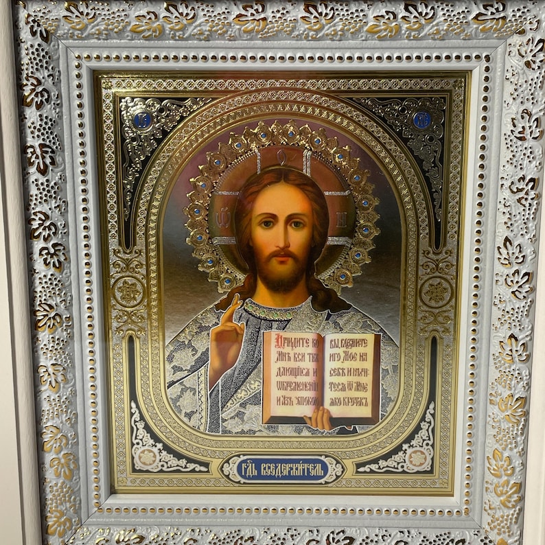 Set of two white wedding icons | Mother God | Jesus Christ | Icon in wooden frame | Icon under glass | Figured icon case | Wedding icons | image 11