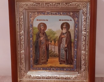 Icon in wooden frame Saints Zosima and Savvaty | Icon under glass with decoration | Orthodox icon | Lithography icon | 15x17 cm |