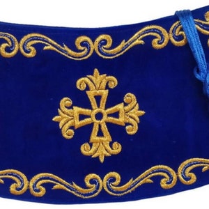 Liturgical cuffs for an Orthodox priest | Blue with gold priest velvet armlets Divine Liturgy | Priest blue armbands for Orthodox Church