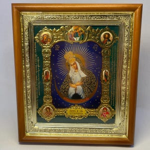Icon 3D effect in wooden frame Icon of Mother of God Ostrobramskaya | Icon under glass with decoration | Orthodox icon | Lithography icon |