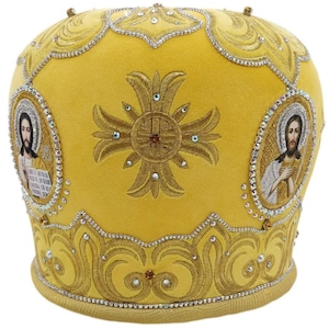 Mitra del sacerdote Betlemme giallo-oro / Mitra di velluto di alta qualità / Mitra del sacerdote ricamata decorata / Mitra del sacerdote bianco giallo / Vifleemskaya /