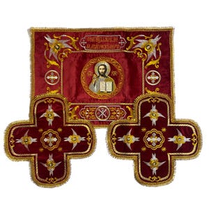 Covers velvet with air for Liturgy with embroidery Icon Jesus Christ | Church orthodox set Eucharist | Red color embroidered gold thread |