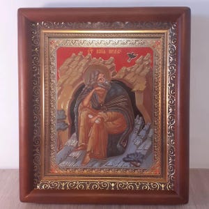Icon in wooden frame Holy Prophet Elijah | Icon under glass with decoration | Orthodox icon | Lithography icon Iliya | Saint Prophet Ilia |