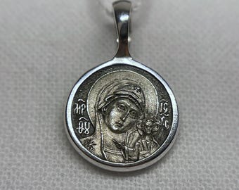 Silver pendant Mother God | Amulet Mother God | Icon Virgin on neck | Medallion Mary | 925 Silver | Round Pendant Locket | Kazan Icon Virgin