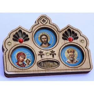 Orthodox wooden icon Car icon Dome icon Icon with incense Triple icon Jesus Christ Mother of God Nicholas the Wonderworker Icon
