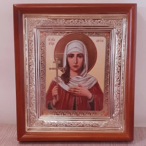 Icon in wooden frame Saint Martyr Larisa | Icon under glass with decoration | Orthodox icon | Lithography icon | 15x17 cm | Icon Larisa