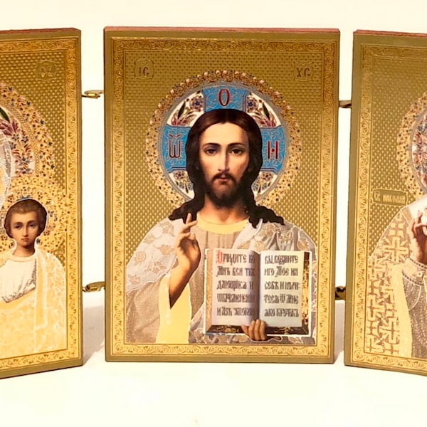 Icon Jesus Christ Mother of God Saint Nicholas Triptych Foldable Icon Orthodox Icon Wooden Icon Lord Orthodox Shrine Holy Icon Desktop icon