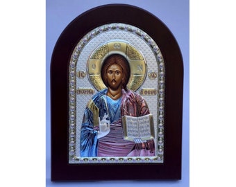 Greek Icon Gilded Orthodox Icon Orthodox Icon with Enamel Icon in a Wooden Frame Icon of Jesus Christ Icon of the Virgin Icon of St Nicholas