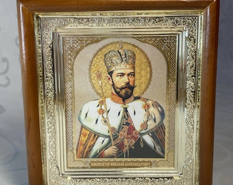 Icon in wooden frame Tsar Nicholas II | Icon under glass with decoration | Orthodox icon | Lithography icon | 15x17 cm | Icon Nicholas II |