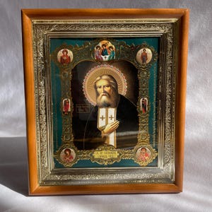 Icon 3D effect wooden frame Seraphim of Sarov | Icon under glass with decoration | Orthodox icon | Lithography icon | Gabriel | Icon Serafim