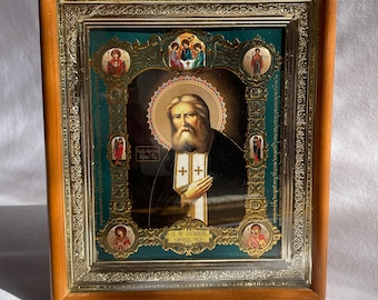Icon 3D effect wooden frame Seraphim of Sarov | Icon under glass with decoration | Orthodox icon | Lithography icon | Gabriel | Icon Serafim
