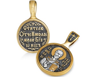 Gilded silver pendant Saint Nicholas Wonderworker | 925 Silver | Gold 999 | Round Pendant Medallion | Amulet Nicholas | Necklace Nicholay |