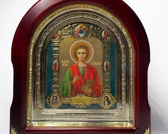 Icon 3D effect wooden frame arch Panteleimon Healer | Arch Wooden icon | Icon under glass | Icon Orthodoxy Arch icon | Icon Panteleimon |