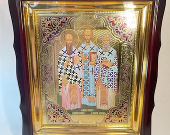 Icono en marco de madera Santos Tres Santos Basilio, Juan, Gregorio / Icono bajo vidrio con decoración / Icono ortodoxo / Icono de litografía / 40x35 /