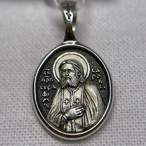 Owalny wisiorek Świętego Serafina z Sarowa | Amulet Serafina | Srebro 925 | Ręcznie robiony naszyjnik | Wisiorek prawosławny | Medalion Serafina Sarowskiego |