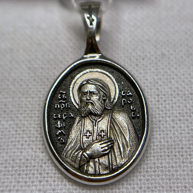 Saint Seraphim of Sarov oval pendant | Amulet Seraphim | Silver 925 | Handmade necklace | Orthodox pendant | Medallion Serafim Sarovskiy | image 1
