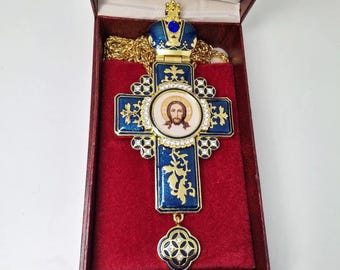 Priest award metal pectoral blue cross with stones | Crucifixion | Pectoral Cross | Fasting Cross | Jesus Christ cross | Orthodox Cross |